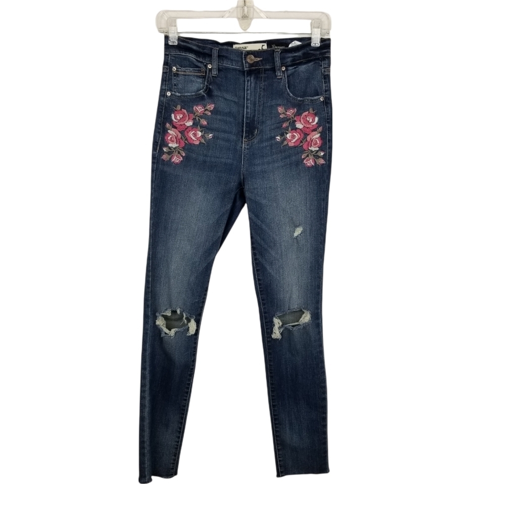 Garage Floral Embroidered Distressed Skinny Stretch Blue Jeans Junior's Size 5